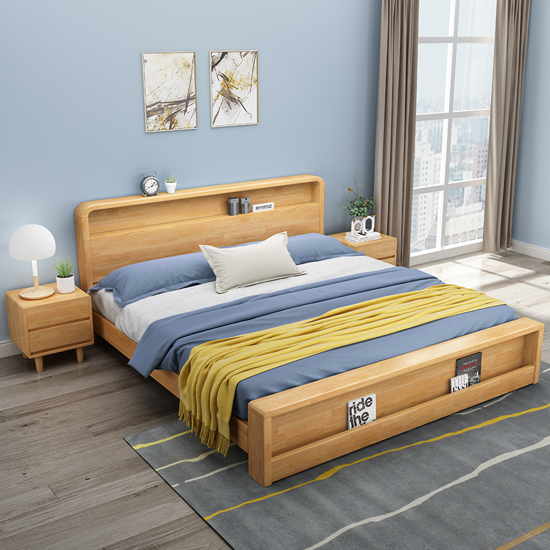 北欧实木床1f.8米主卧1.5米双人床经济型现代简约高箱储物大床