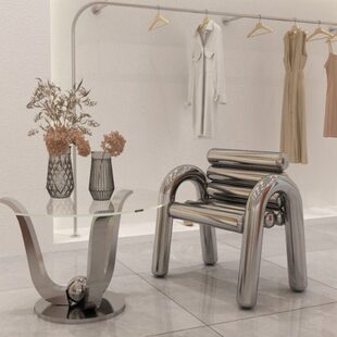 潮现代大不锈钢网展示店玻璃茶几凳红创意设计凳子桌亚克力师椅子