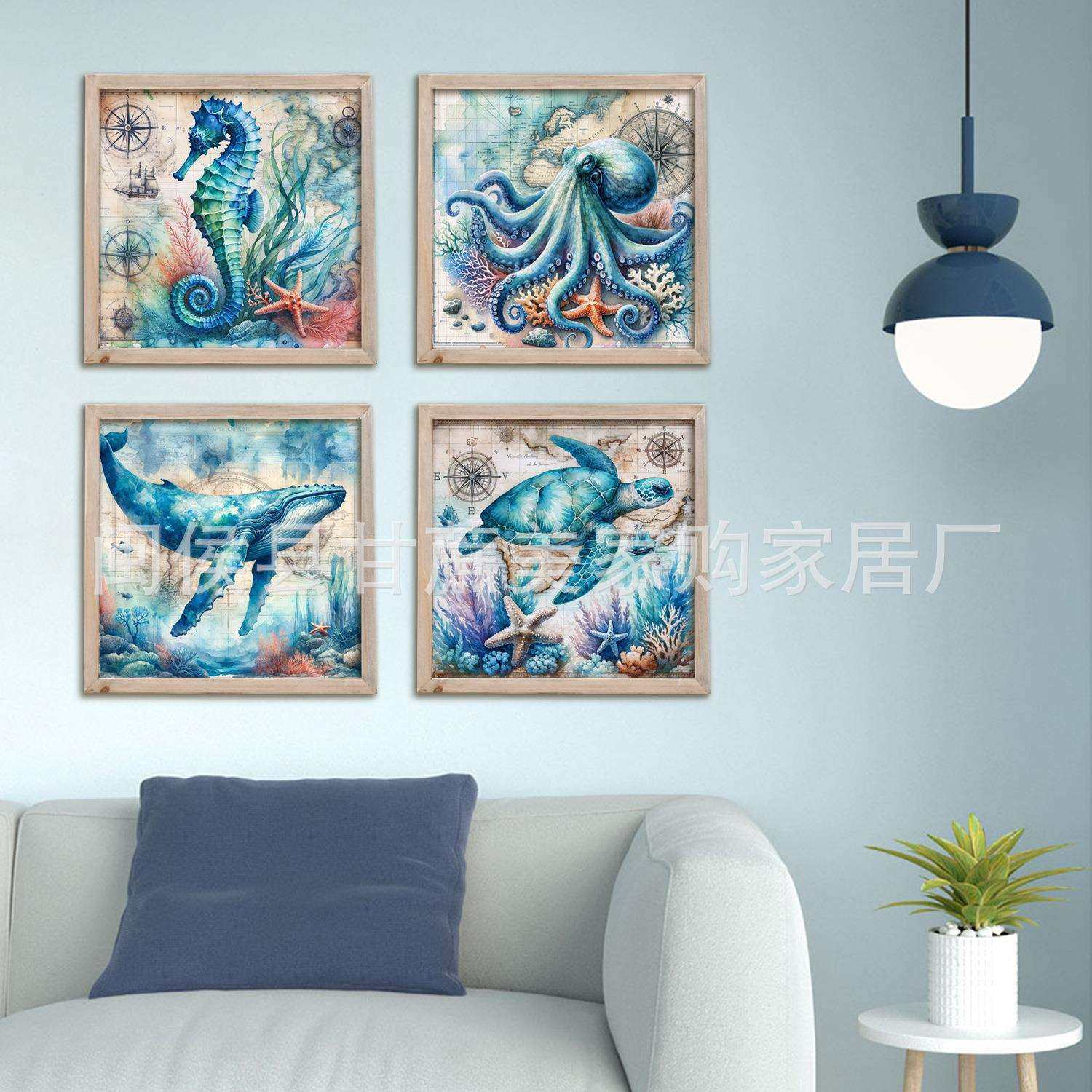 厂家直供美式乡村海洋套4原木框装饰画家居通用饰品出口
