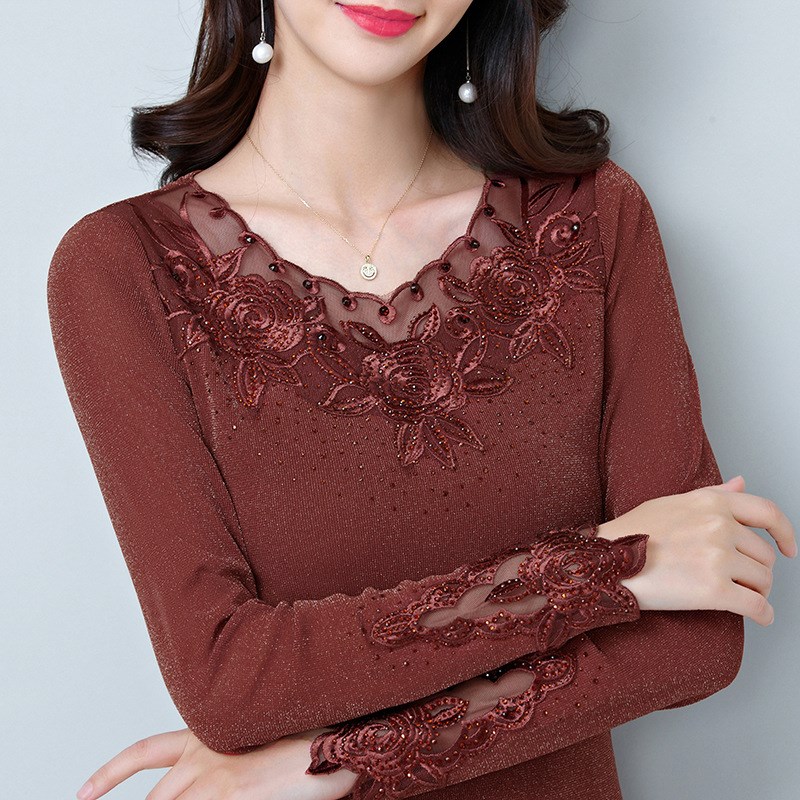 网纱打底衫女g蕾丝秋冬加绒紧身内搭t恤大码带钻纱衣配大衣穿的