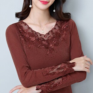 网纱打底衫女g蕾丝秋冬加绒紧身内搭t恤大码带钻纱衣配大衣穿的