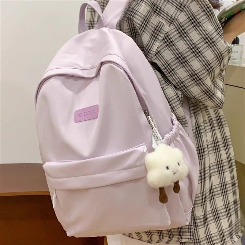 书包双肩包女大学生简约百搭ins背包高中女生大容量可.放电脑紫色