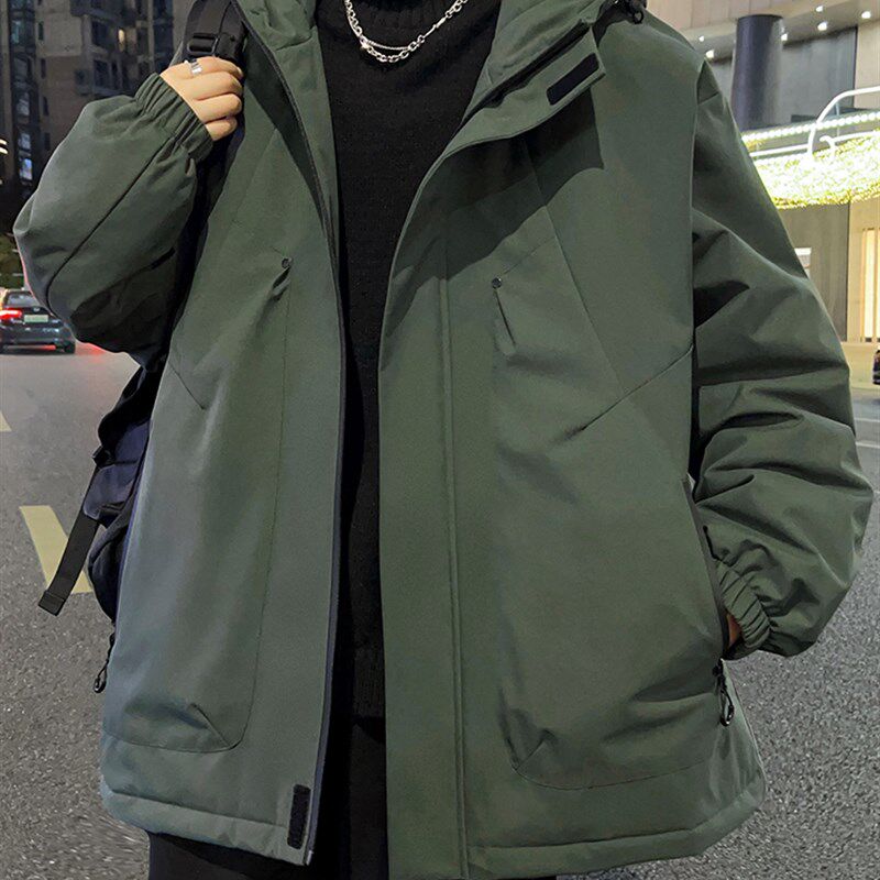 冲锋棉衣男2025冬季新款连帽工装设计感宽松大码防V水棉服潮流胖
