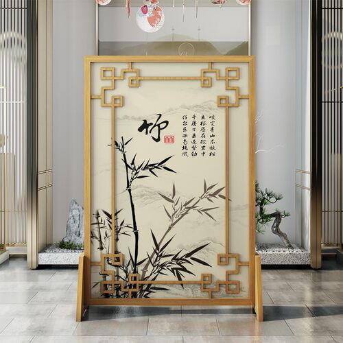 定制现代实木屏风隔断正对进门入户玄关竹子浅色S半透纱遮挡小座