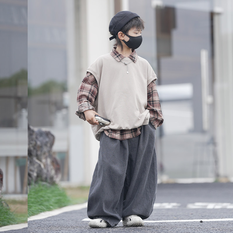 男童春装马甲套装20n25新款潮帅气时髦男孩酷帅春秋百搭衬衫两件