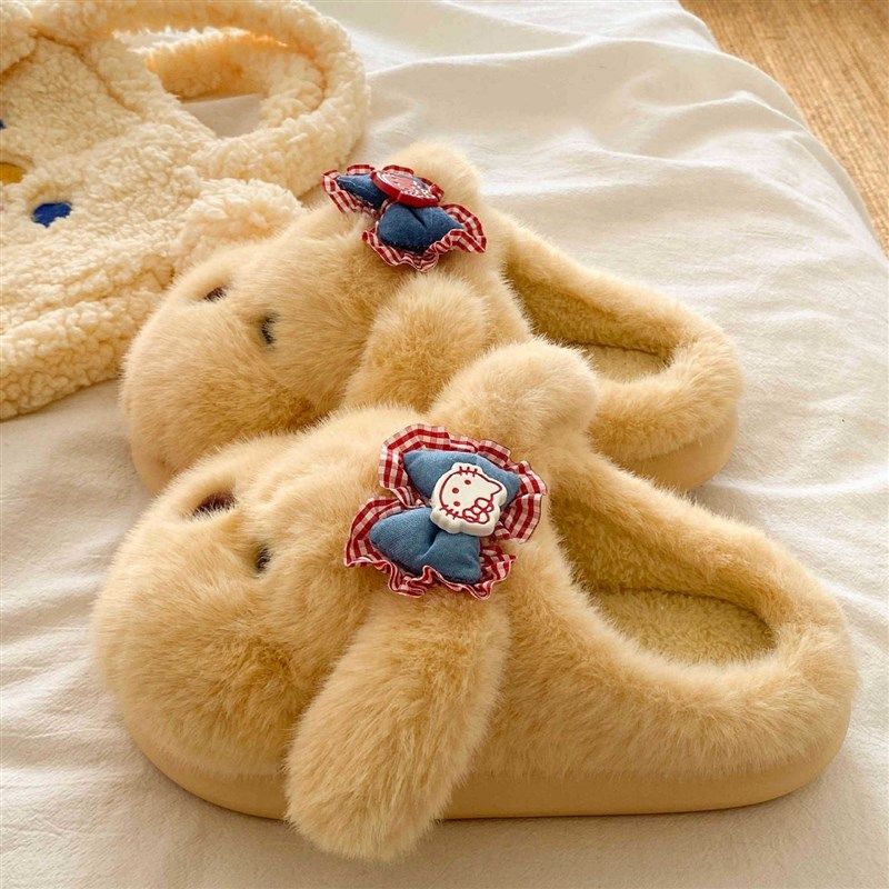 可爱长耳狗蝴蝶结棉拖鞋女款学生宿舍秋冬季室内保暖毛毛拖鞋外穿,女鞋,毛毛鞋,淘宝优惠券,粉丝福利购,淘宝优惠卷