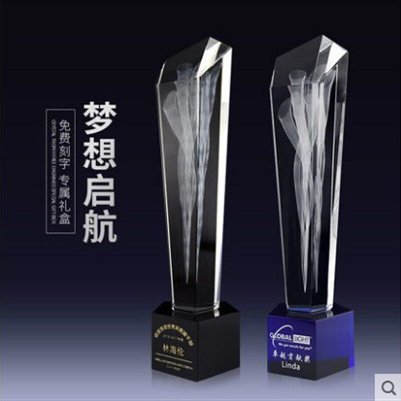蓝色黑色b五边形斜面内雕水晶奖杯奖牌奖章定制 公司年会颁奖礼品