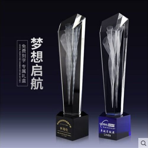 蓝色黑色b五边形斜面内雕水晶奖杯奖牌奖章定制 公司年会颁奖礼品