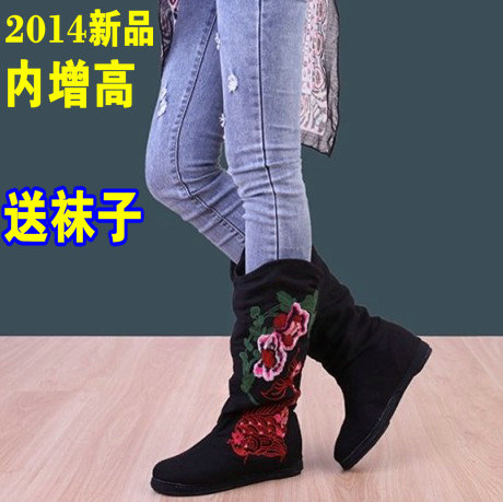 民族风绣花靴子高筒布靴牛筋底春秋单H靴千层底内增高刺绣女靴棉
