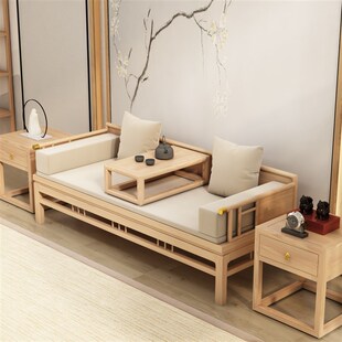 罗汉床实木推拉床白蜡木小户型客厅E沙发简约贵妃榻伸缩两用沙发