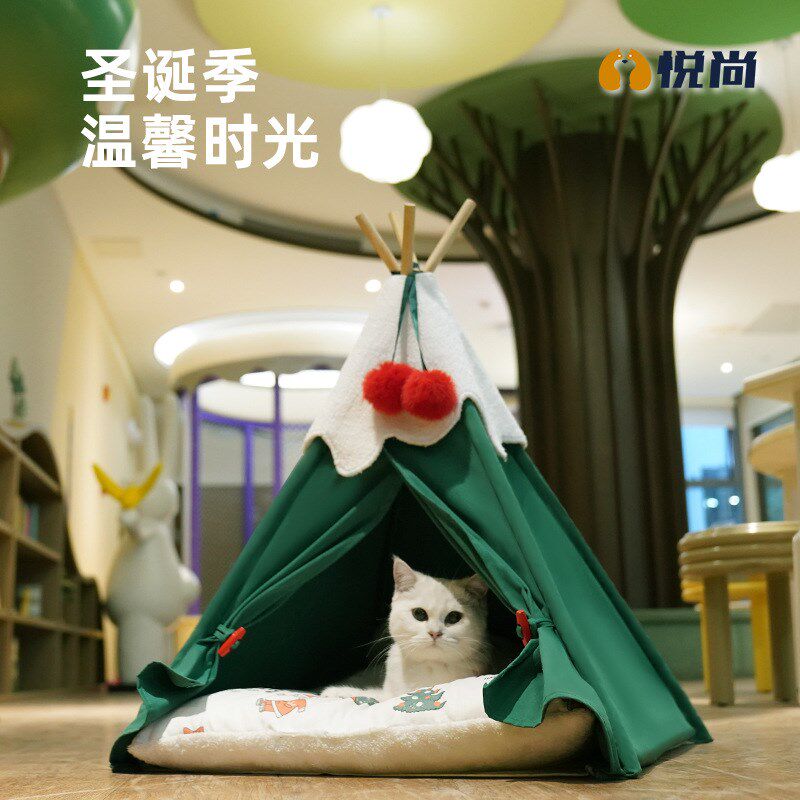 圣诞猫窝宠物窝狗窝帐篷节日冬季保暖半封L闭猫屋深度睡眠猫床加