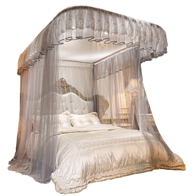 公主风导轨蚊帐家用三开门高级床幔U型轨道卧室落地支架加密加厚
