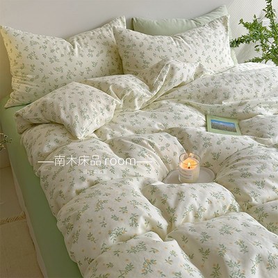 山茶不芜春日浪漫小碎花全棉双层纱四件套清新绿色系纯棉1.8笠