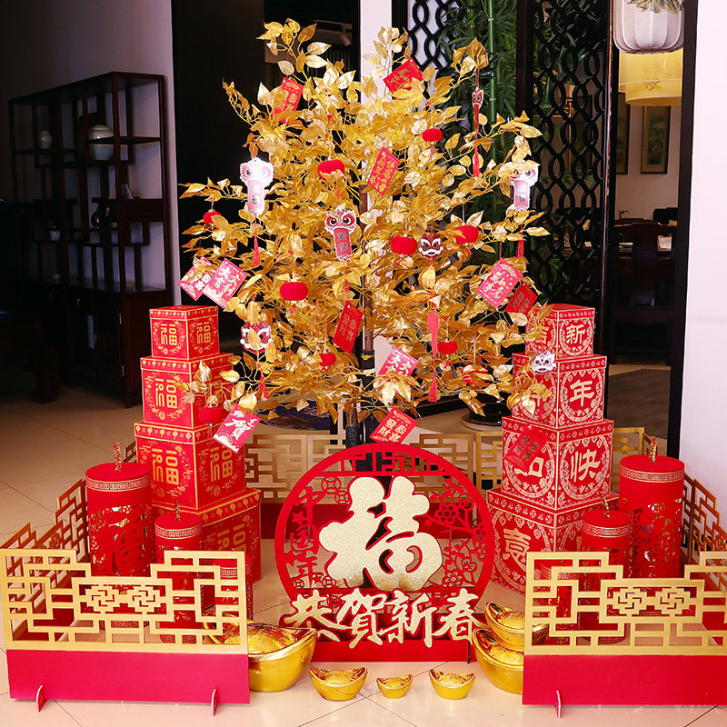 2024新年春节装饰场景布置美陈酒F店年会商场橱窗摆件发财树龙年