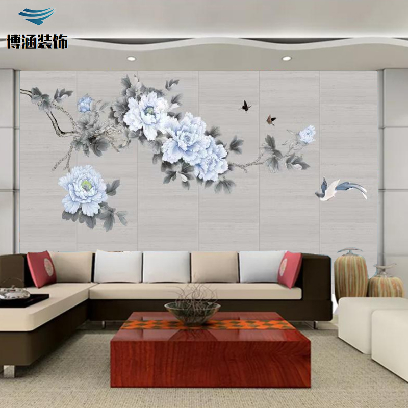 新中式牡丹刺绣硬包背景墙电视卧室床头沙发独绣壁画软装软包装饰图片