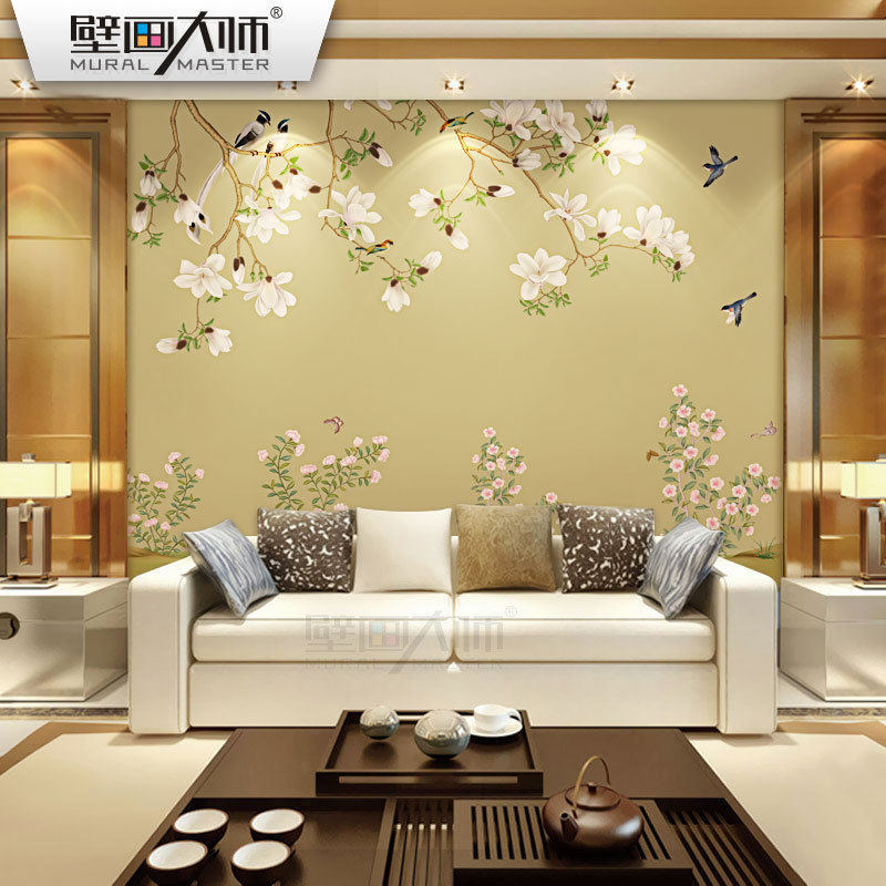 电视背景墙壁纸现代中式客厅卧室影视墙清新花鸟墙纸定制壁画墙布