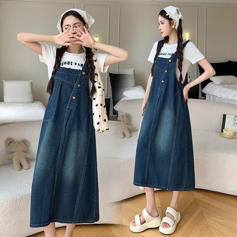 减龄加大码背带裙女2025春夏装新款简约宽松直筒显W瘦开叉牛仔裙