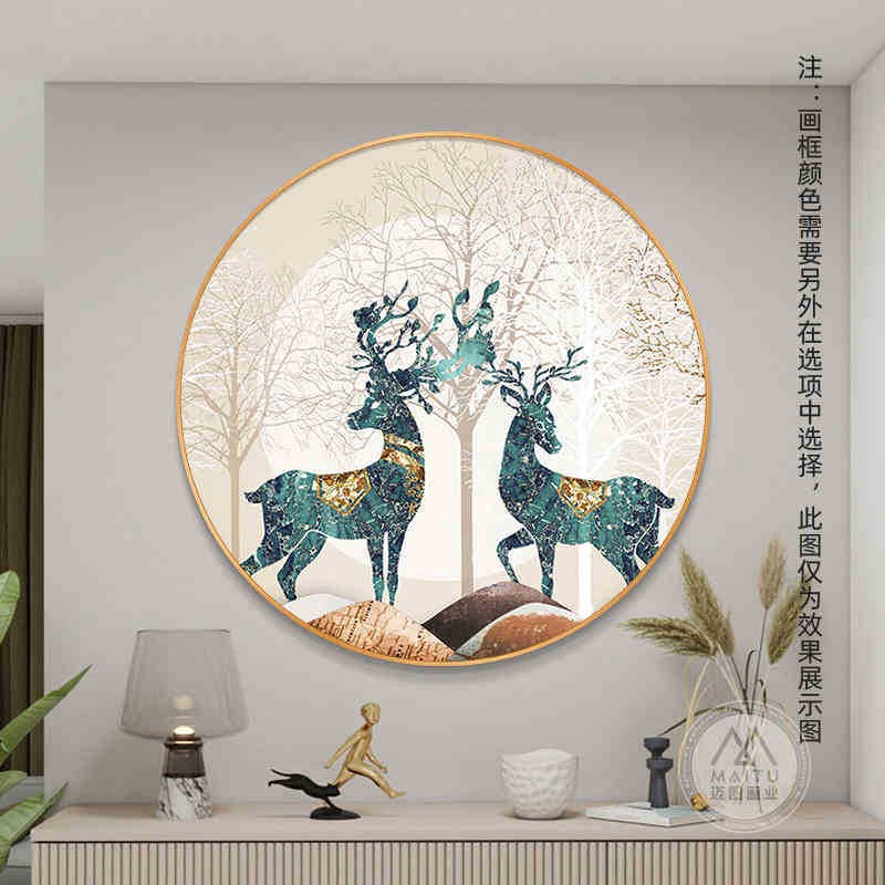 发财鹿招财入户玄关装饰画圆形现代客厅餐厅画墙壁画走廊过道挂画图片