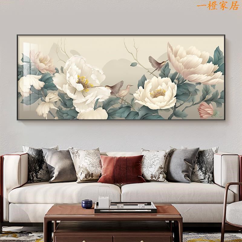 花开富贵客厅装饰画国画牡丹办公室一整幅大画横版沙发背景墙壁画