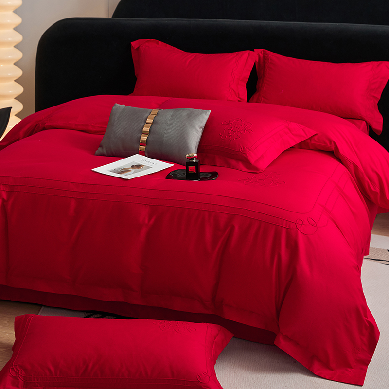简约全棉中式结婚四件套大红色床单被套婚庆床上用品婚房