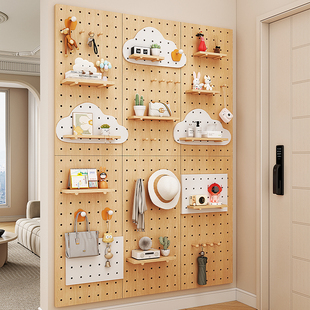 实木洞洞板定制入户玄关墙上收纳置物架挂板钩隔板U墙面展示收纳