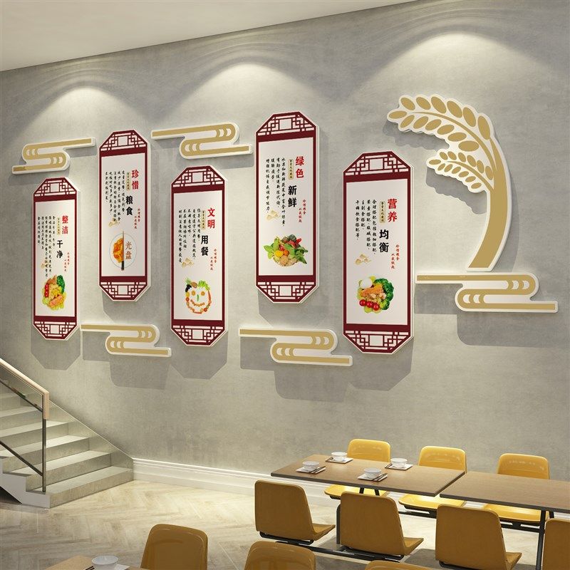 食堂文化墙面贴纸员工餐厅珍惜节约粮食宣传标语挂画背Z景装饰布