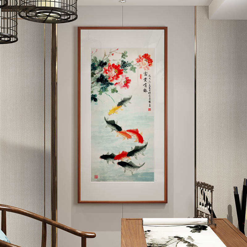 入户玄关竖幅大气挂画九鱼图连年有余手绘国画走廊V过道鲤鱼装饰