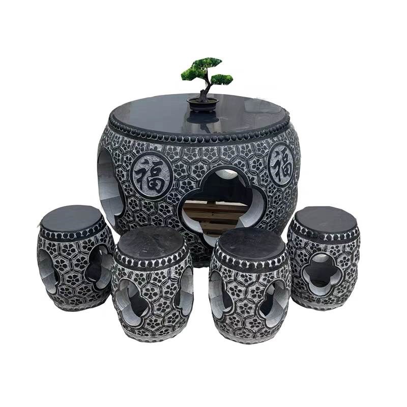 青石庭院圆桌椅一套石雕石桌石凳花园茶桌天然大理石桌子户外摆件