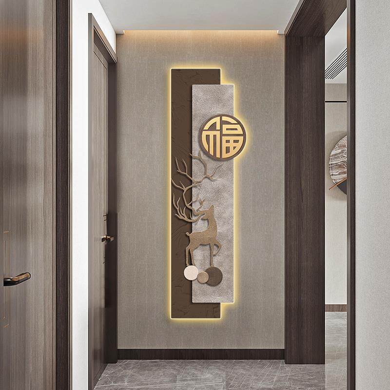 侘寂风玄关装饰画发光灯画入户客厅走廊过道挂画福鹿临门高档壁画