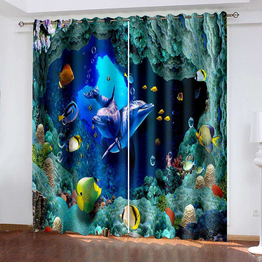 海洋世界海洋动物海豚3d数码印花高遮光黑丝打孔窗帘来图制作厂家