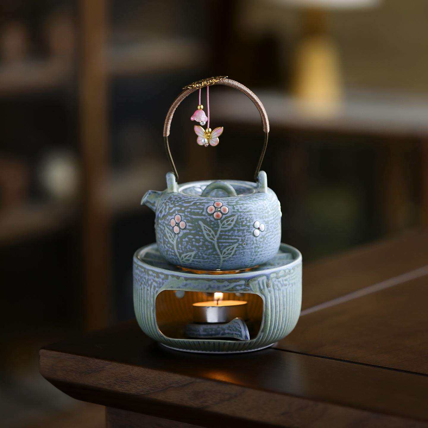 松石绿窑变粗陶提梁壶温茶炉蜡烛酒精煮茶加热炉煮茶壶加热底座