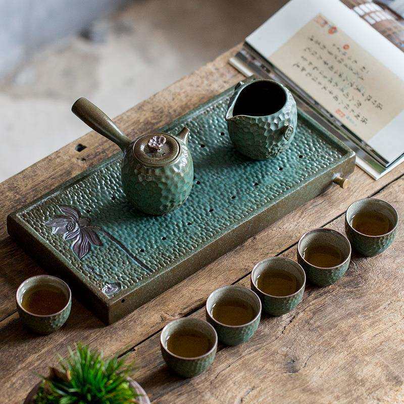 中式茶具套装复古粗陶锤纹茶具双用长方干泡盘多种款式搭配