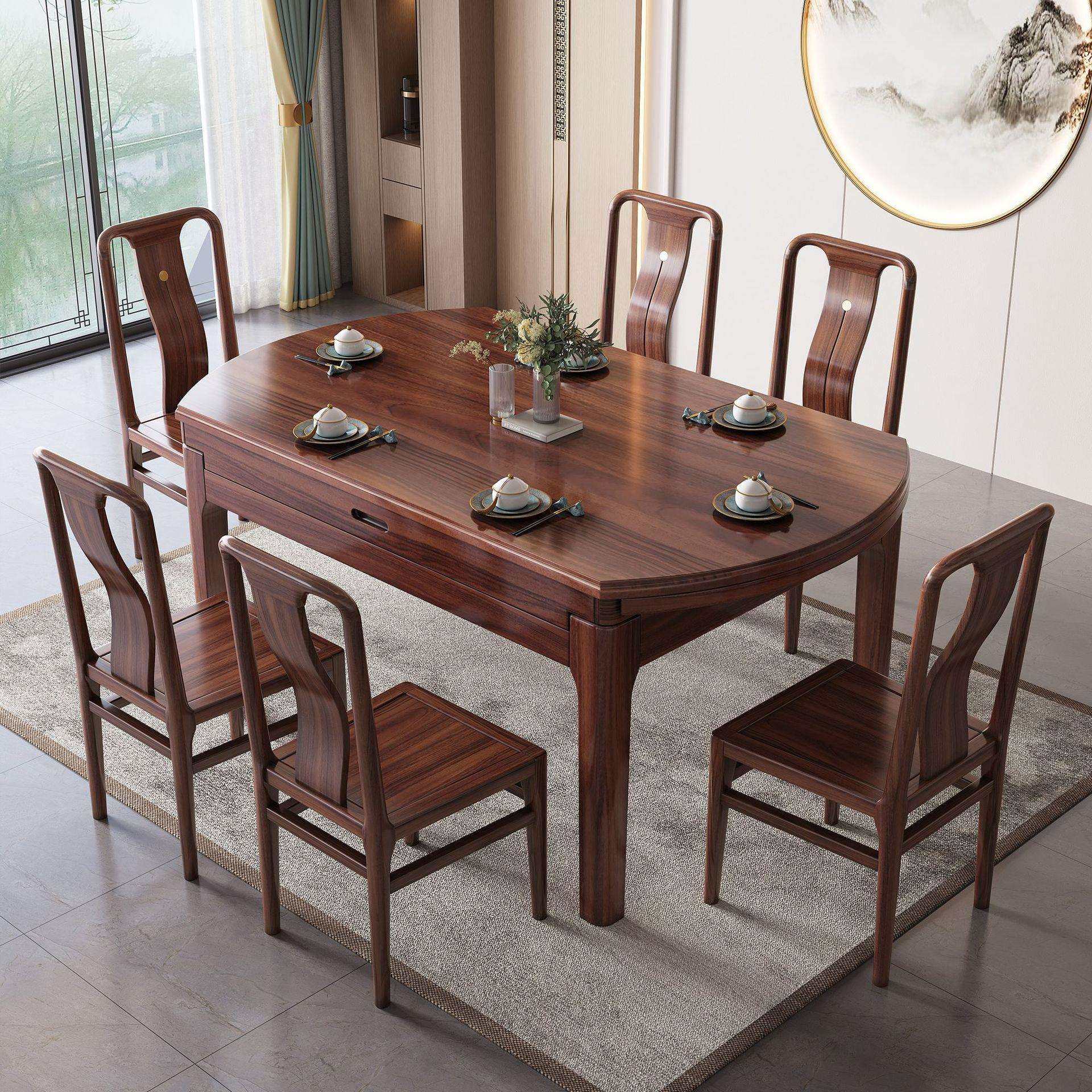 国潮新中式乌金木方圆两用桌椅子组合实木可伸缩折叠吃饭桌子家用