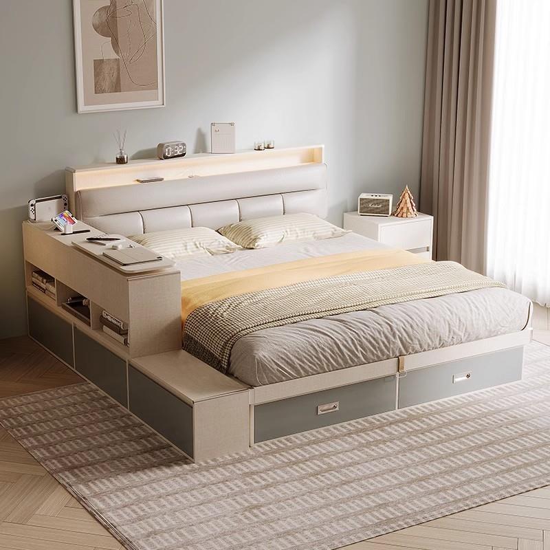 合诚现代简约气动高箱储物床白色科技布床靠背带灯收纳双人主卧床