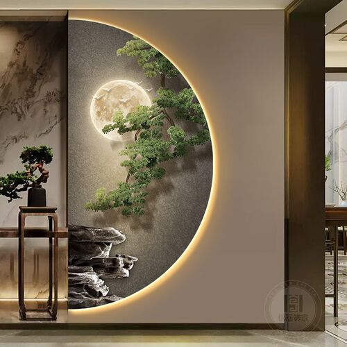 客厅半圆玄关高级大气中式走廊挂画迎F客松新装饰画感壁灯入户尽