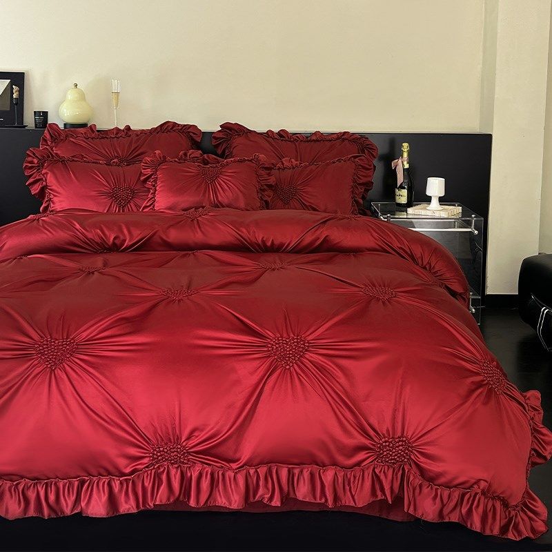 法式浪漫婚庆四件套红色爱心刺绣100s全棉扎花荷叶边结婚被套床单