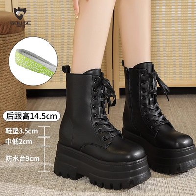 狗哥长腿靴小个子增高中筒女鞋厚底新款短靴马丁靴子夏款增高鞋