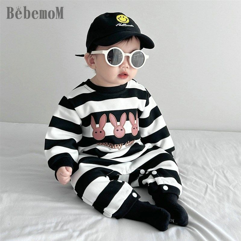 男宝宝新生婴儿秋装长袖连体春秋婴儿条纹棉质洋气哈衣外出爬服