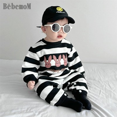 男宝宝新生婴儿秋装长袖连体春秋婴儿条纹棉质洋气哈衣外出爬服