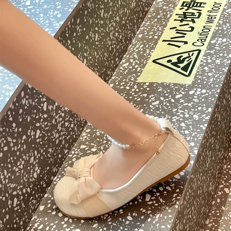 2024新款春季平底单鞋女蝴蝶结珍珠时尚平跟女鞋S白色伴娘婚鞋软