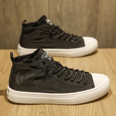 黑色帆布鞋男款夏季透气懒人一脚蹬高级感小众高帮板鞋休闲运动鞋