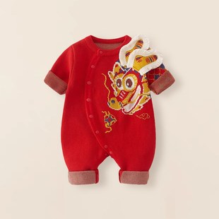 婴儿毛衣2024新款春秋冬连体纯棉a类红色加厚新年龙图案拜年爬服