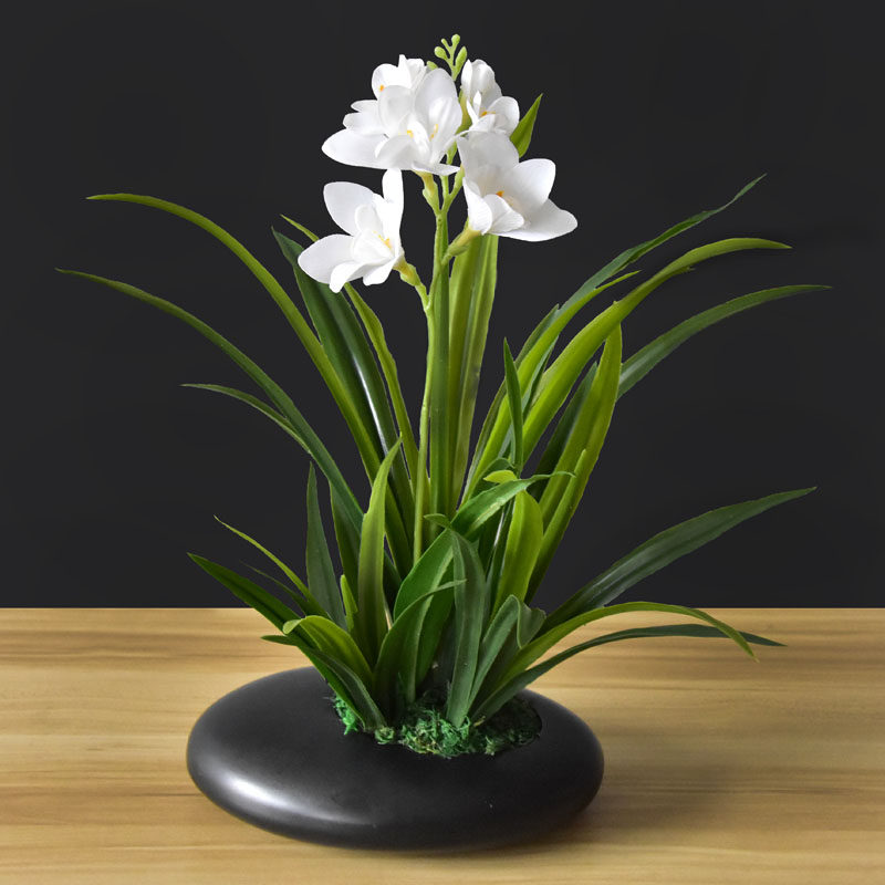 中式仿真花兰花假花手感幽兰盆景盆栽花艺客厅桌面装.饰花艺摆件