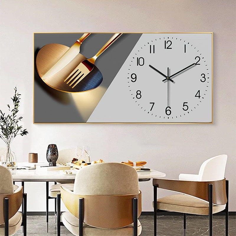 餐厅装饰画饭堂饭厅厨房壁画晶瓷画带钟表挂钟现代简约大气挂画