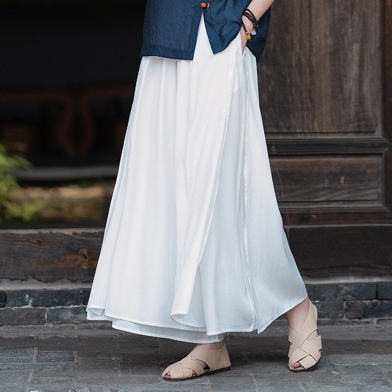 白色九分裤女夏薄款宽松百搭垂y感大脚裤舞蹈裙裤双层侧开叉阔腿