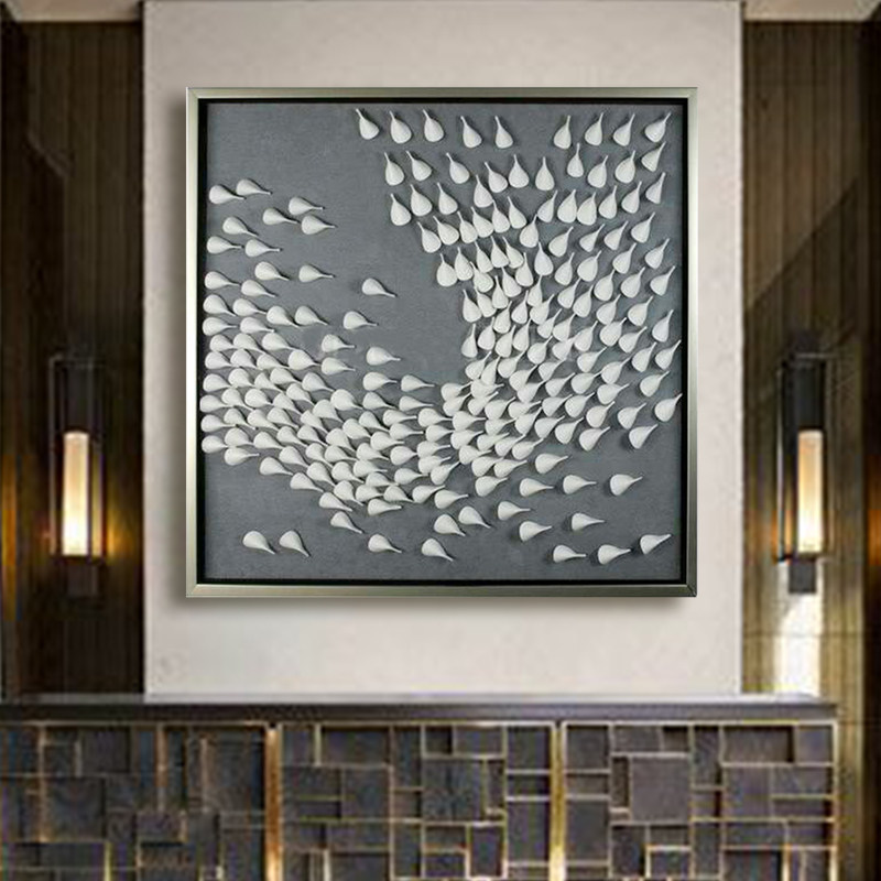 现代简约白色抽象皮革画r沙发背景卧室玄关软装定制实物立体装饰