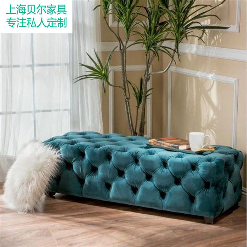美欧服装店沙发脚凳舞蹈室衣帽间凳子床J尾凳蓝色鞋店长方形换鞋