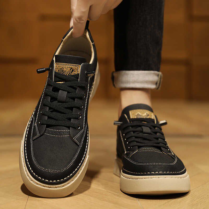免系鞋带男鞋春秋款休闲皮鞋厚底鞋子男板鞋工装一脚蹬低帮马丁靴