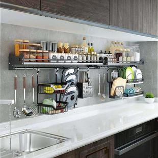 黑色厨房置物架壁挂式 304不锈钢调味料架碗碟收纳W层架挂架挂件