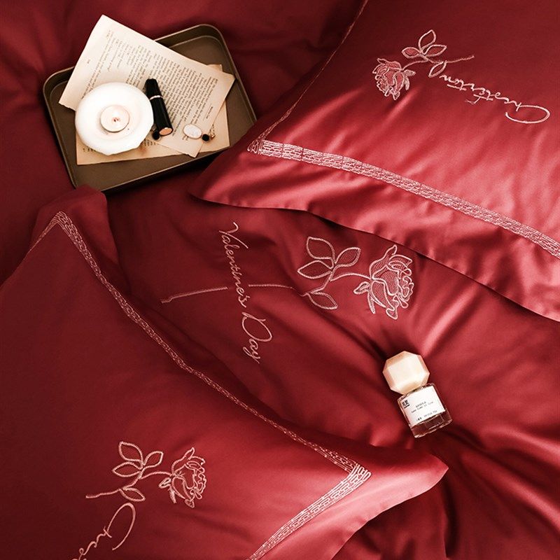 以爱之名~婚庆大红色1p00支全棉刺绣结婚四件套纯棉被套被罩床单